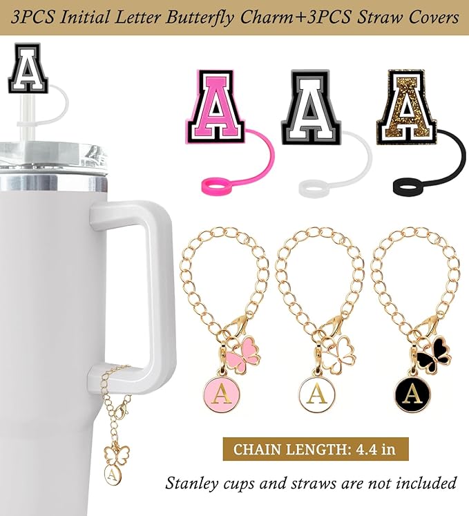 （3 +3) Nuozme Straw Cover Compatible with Stanley Tumbler Cup 3PCS Letter Straw Caps Toppers with 3 Initial Butterfly Charms Name ID For Stanley 30&40 Oz Cup