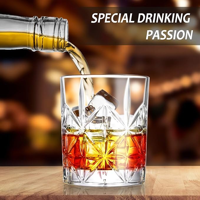 Whiskey Glass, Whiskey Glass Set of 4, Veecom 10 oz Thick Bottom Old Fashioned Whiskey Glasses for Men, Premium Whiskey Gifts for Bourbon, Scotch, Cocktail(Glass Set 4)