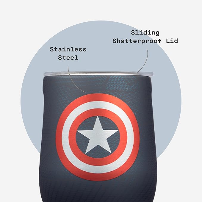 Corkcicle Stemless Insulated Wine Glass Tumbler - Keeps Beverages Cold 6 Hours & Hot 3 Hours - Stainless Steel - Easy-Grip - Summer Drinkware Gift - Keeps Drinks Ice Cold - 12 oz - Captain America