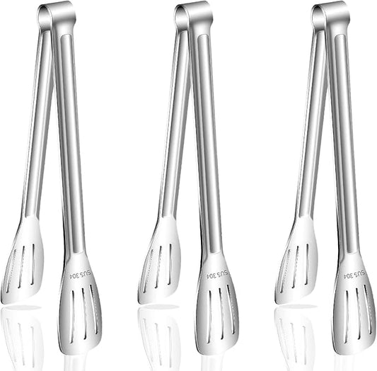 Stainless Steel Kitchen Tong Set - Anti-Slip Heat-Resistant Grip, Widened 3-Line Slotted Heads for Easy Clamping (Steaks, BBQ, Pasta, Salads), Easy Clean for Versatile Use Set of 3-11", Silver