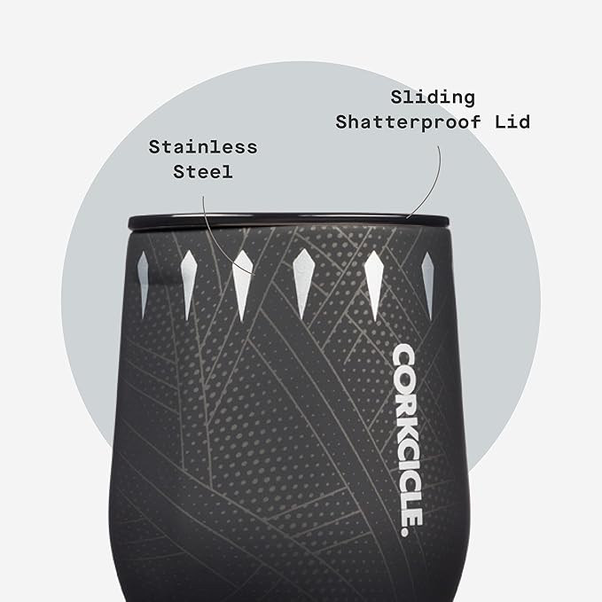 Corkcicle Stemless Insulated Wine Glass Tumbler - Keeps Beverages Cold 6 Hours & Hot 3 Hours - Stainless Steel - Easy-Grip - Summer Drinkware Gift - Keeps Drinks Ice Cold - 12 oz - Black Panther