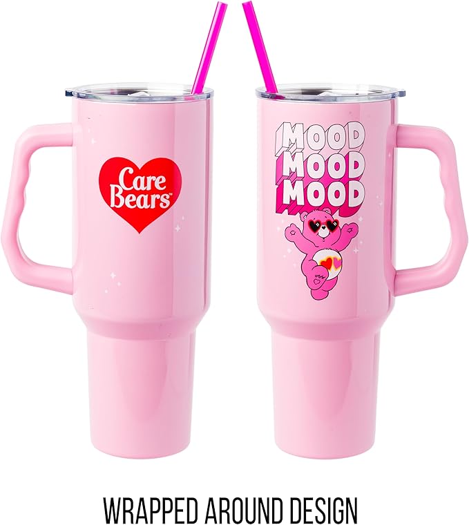 Silver Buffalo Care Bears “Mood” Stainless Steel Tumbler with Handle Featuring Love-A-Lot Bear, Fits in Standard Cup Holder, 40 Ounces