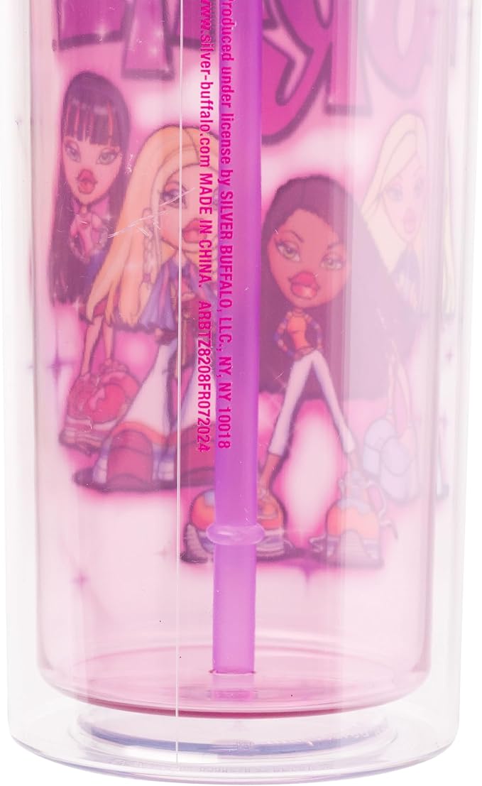 Silver Buffalo Bratz Featuring Cloe, Yasmin, Jade, and Sasha Plastic Tall Cold Cup with Rhinestones Lid and Straw, 20 Ounces