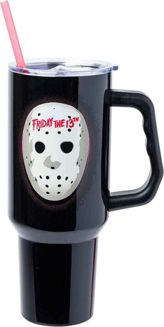 Silver Buffalo Friday The 13th Stainless Steel Tumbler with Handle Featuring Jason Voorhees’s Mask, Fits in Standard Cup Holder, 40 Ounces