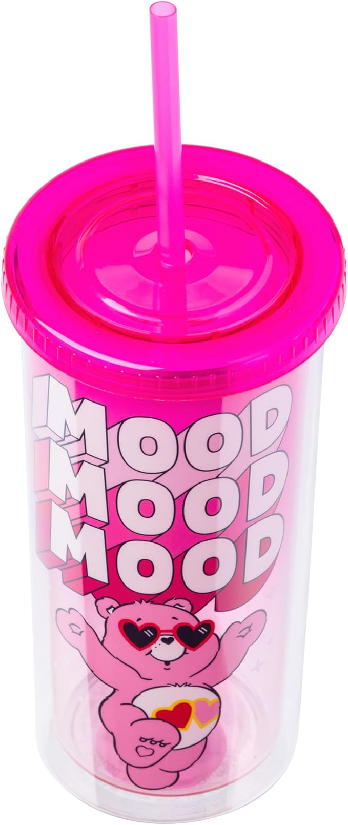 Silver Buffalo Care Bears Mood Plastic Tall Cold Cup with Lid and Straw Featuring Love-A-Lot Bear, 20 Ounces