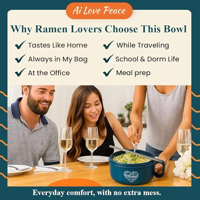 AI LOVE PEACE Ramen Bowl, 40 oz Microwaveable Noodle Cooker for Ramen, Pho, Soup, and Pasta, Dishwasher Safe and Portable, Ideal for Home, Office, Dorm, or Gift (Orange)
