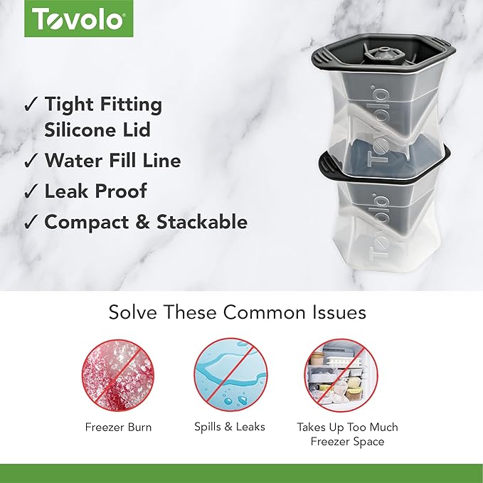 Tovolo Colossal Cube Ice Molds, Set of 2 - Large Ice Cube Mold Ideal for Whiskey, Cocktails & Any Cold Beverage - Odor-Free Freezer Storage, Dishwasher-Safe with Silicone Plunger