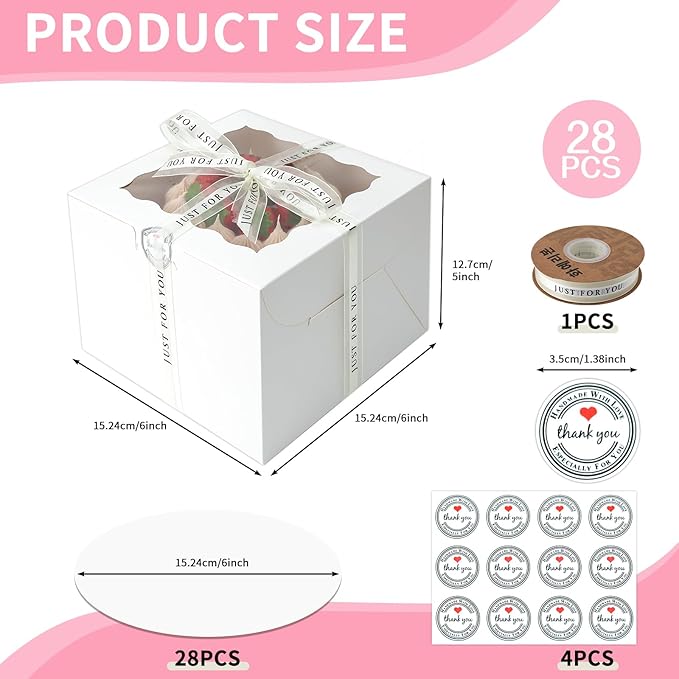 6x6x5 Cake Box, 28 Sets White Cake Box with Window ＆ 28Sets 6" Cake Round Boards, 6inch Cake Containers. (White, 665inch/28pcs)