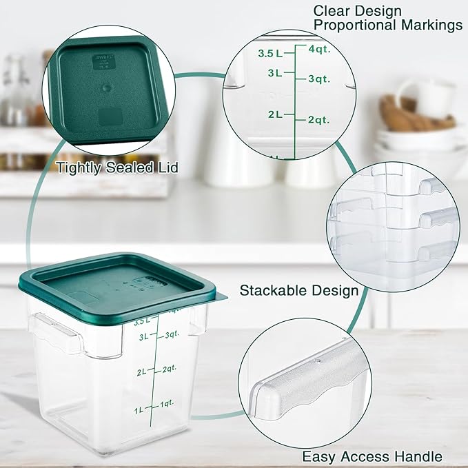 4 Pack 4QT Food Storage Containers with Green Lids, Clear Square Commercial Food Grade Storage Containers with Handles and Scales, BPA-Free Airtight Restaurant Container for Sourdough, Marinating Meat