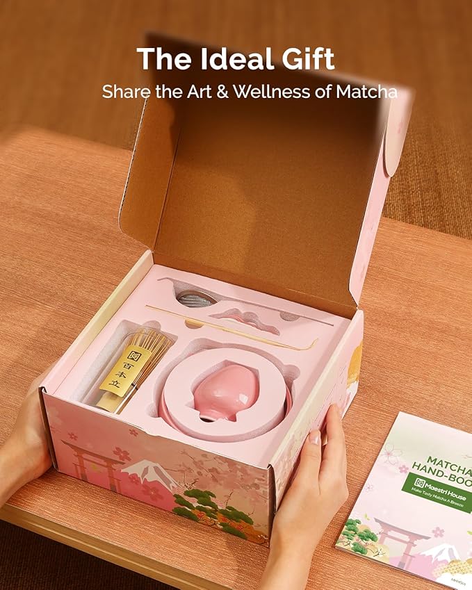 Maestri House Matcha Whisk Set, 7 Pcs Complete Matcha Kit with Spouted Ceramic Bowl, Bamboo Whisk & Holder, Scoop & Sifter, Tea Cloth – Ideal Gift for Matcha Lovers(Pink)