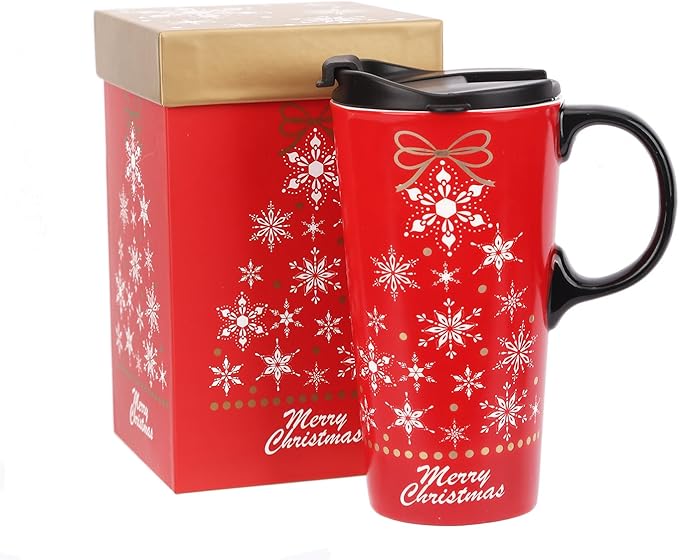 Topadorn Christmas Ceramic Mug Coffee Cup with Sealed Lid and Matched Gift Box Latte Mug 17oz(Snowflake)
