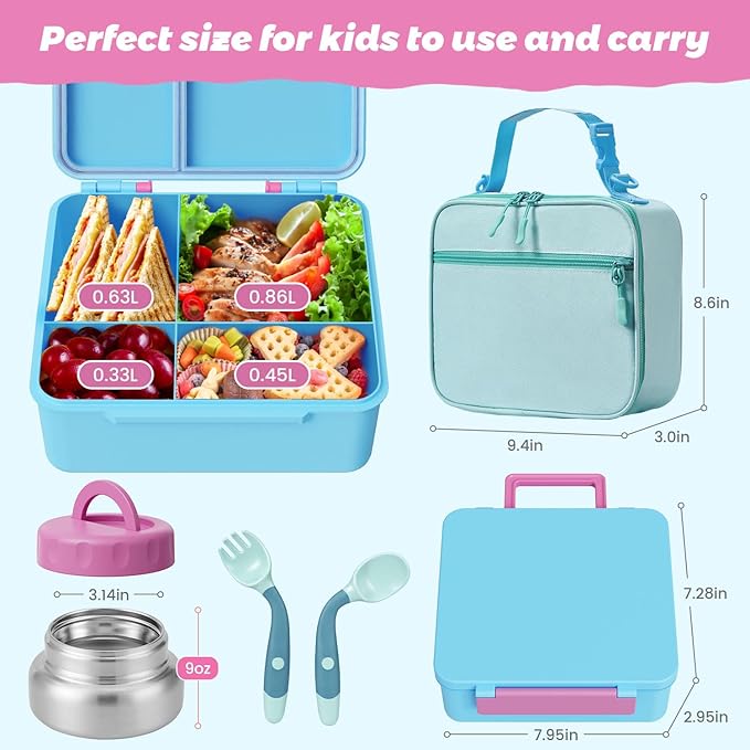 Kids Bento Lunch Box with Thermos, Leakproof Toddler Bento Box with 9 OZ Insulated Food Jar, Lunch Bag & Utensils 3 or 4 Compartment Container for School Girls Boys