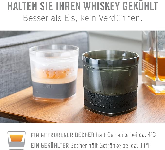 Host Whiskey Freeze Glasses, Double Old Fashioned Glasses, Chill Without Dilution for Brandy, Vodka, Gin, Rum, and Cold Brew Cocktails, Bourbon Gifts for Men, Home Bar, 9 oz, Set of 2, Grey