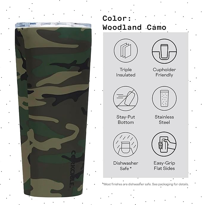 Corkcicle Classic Tumbler - Insulated Stainless Steel Travel Cup - Cold & Hot Drinks - Reusable - Durable - Spill Proof Lid - Non-Slip Silicone Base - Easy Grip - BPA Free - 24 oz - Woodland Camo