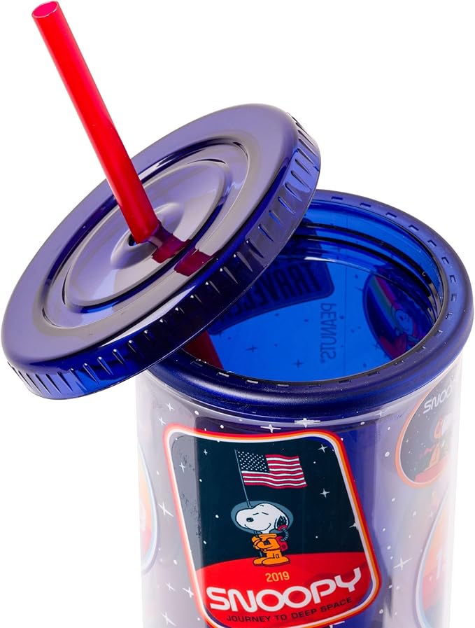 Silver Buffalo Peanuts Space Traveling Patches Featuing Snoopy Plastic Tall Cold Cup with Lid and Straw, 20 Ounces