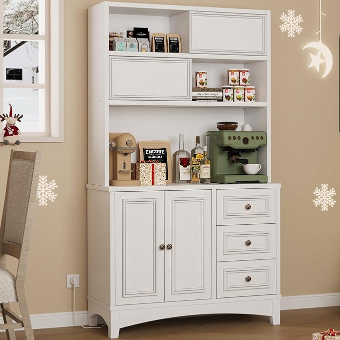 71" Farmhouse White Pantry Cabinet with Charging Station, 4-Type Storage & Anti-Tip Design, Kitchen Cabinet with Adjustable Shelves