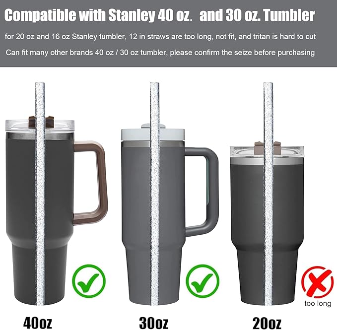 ALINK 10 Pack Replacement Straws for Stanley 40 oz 30 oz Tumbler, 12 in Long Reusable Plastic Clear Glitter Straws for Stanley Cup Accessories, Half Gallon Jug, Plus 2 Cleaning Brush