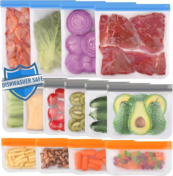 Lerine 14 Pack Dishwasher Safe Reusable Bags, Leakproof Reusable Freezer Bags, BPA Free Food Storage Bags for Lunch Marinate Food Travel (Multicolor, 4 Gallon 6 Sandwich 4 Snack)