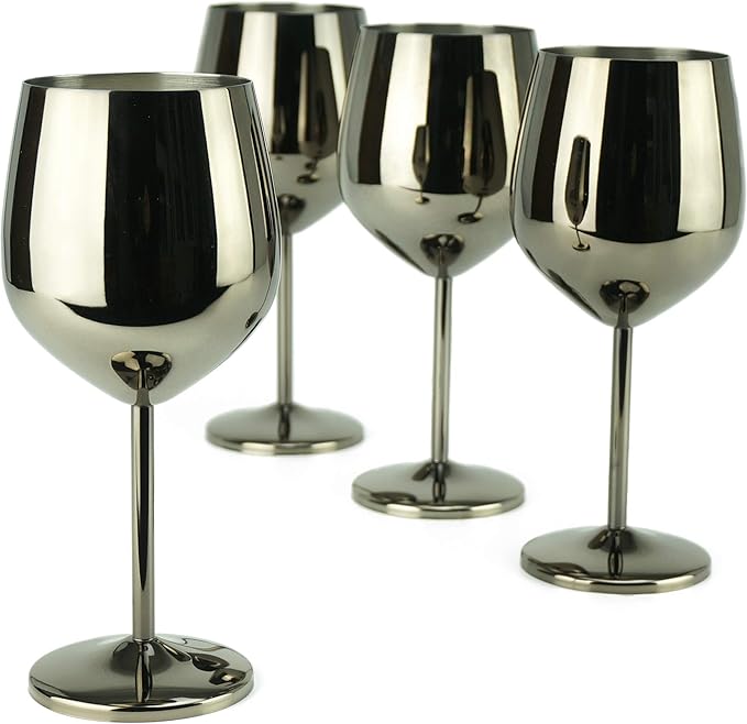 PG Set of 4 Stainless Steel Wine Glasses - 18.5oz Black Unbreakable Stem Metal Wine Goblets