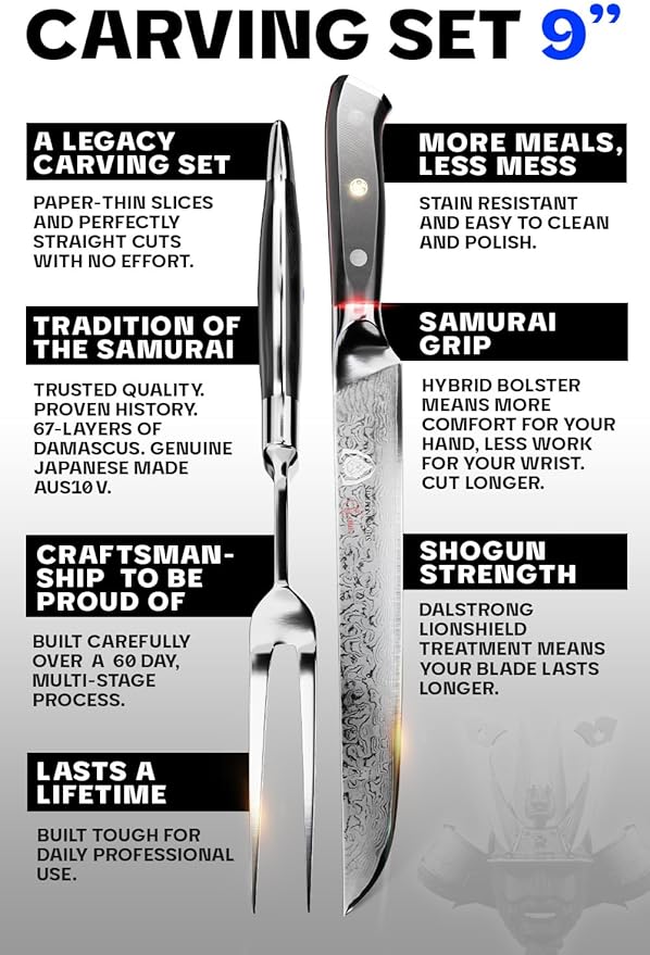Dalstrong Carving Knife & Fork Set - 9 inch - Shogun Series ELITE - Damascus Carving Set - Japanese AUS-10V Super Steel Kitchen Knife - BBQ Set - Sheath Included