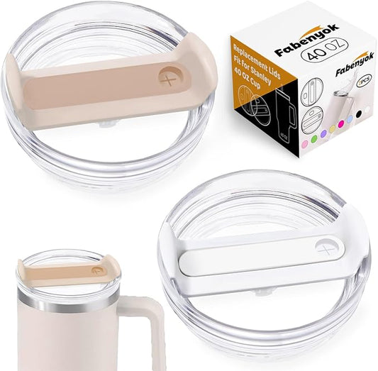 40 OZ Tumbler Lid Replacement Fit for Stanley Cup, 2 Pack Clear Replacement Lids Fit for Stanley Travel Tumbler, Spill Proof Tumbler Covers for Stanley Cup Accessories (White+Rose Quartz)