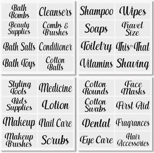 mDesign Home Organization Labels - Preprinted Label Stickers for Bathroom Storage and Cleaning - Household Organizing for Jars, Canisters, Containers, Bins, and Boxes - 32 Count - Clear/Black