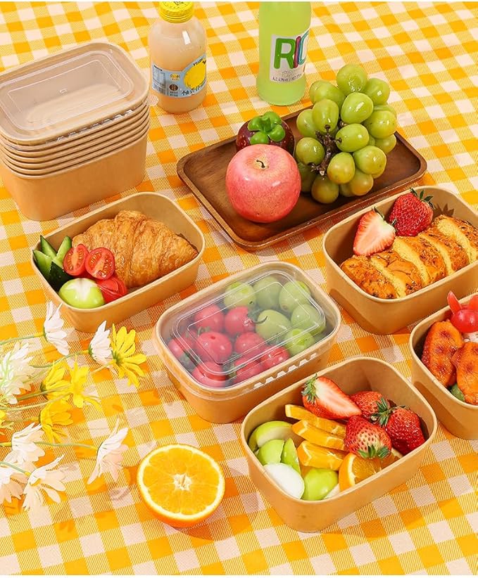 DI QIU REN 50-Pack 34oz Paper Bowls, Disposable Food Containers with Lids and Forks, Rectangular Food Prep Containers, To Go Containers, Salad Bowls Deli Container for Diet Salad, Pasta