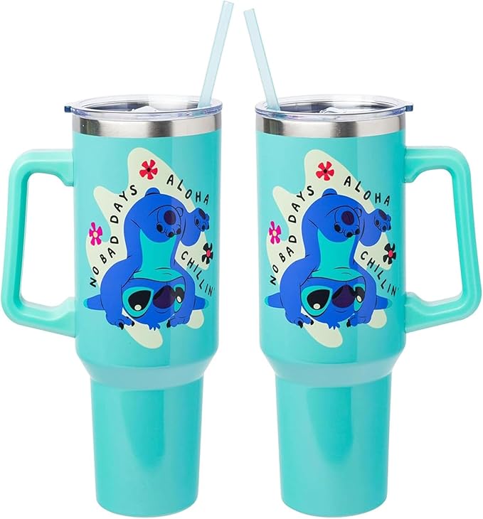 Silver Buffalo Disney Lilo and Stitch Aloha No Bad Days Chillin’ Stainless Steel Tumbler with Handle and Straw, Fits in Standard Cup Holder, 40 Ounces