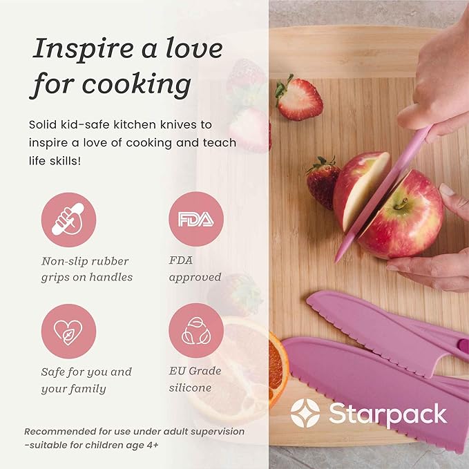 Starpack 'Finger Loving' Kid Safe Kitchen Knife Set of 3 - Kids Knife Set for Real Cooking - Serrated Edges Toddler Knife Sets for 3+ Year Olds - Montessori Knife Sets - BPA-Free Nylon Knives for Kids
