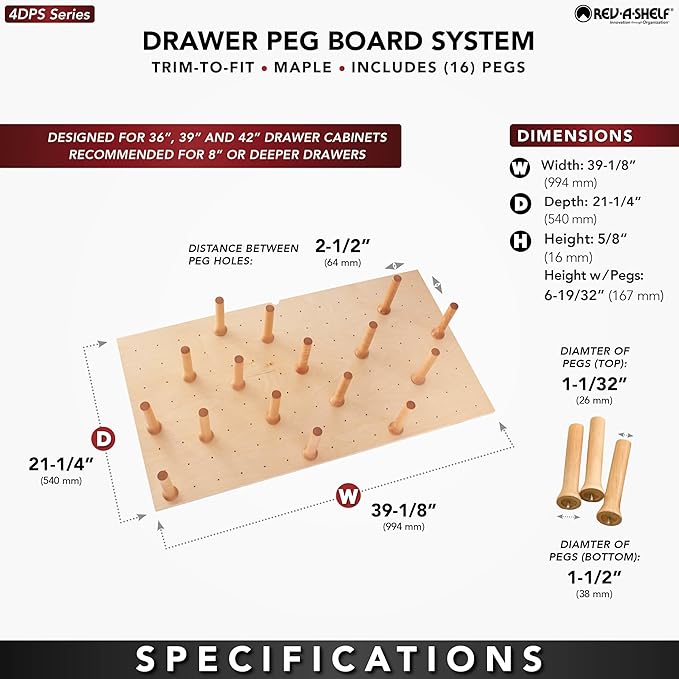 Rev-A-Shelf Pegboard Drawer Divider Organizer, Trim to Fit Wooden Kitchen Cabinet Storage Utensil, Pots & Dish Rack, 39" x 21", 4DPS-3921