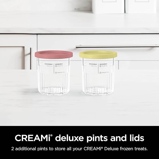 Ninja Creami Deluxe Pints 2 Pack, Compatible with NC500 Series Creami Deluxe Ice Cream Makers, Genuine Ninja Pint, BPA-Free & Dishwasher Safe, Color Lids, 1 Pint Each, Clear/Coral/Yellow, XSKPNTLD2
