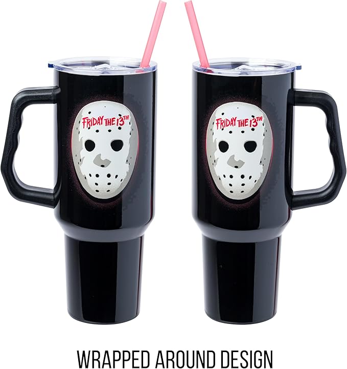 Silver Buffalo Friday The 13th Stainless Steel Tumbler with Handle Featuring Jason Voorhees’s Mask, Fits in Standard Cup Holder, 40 Ounces