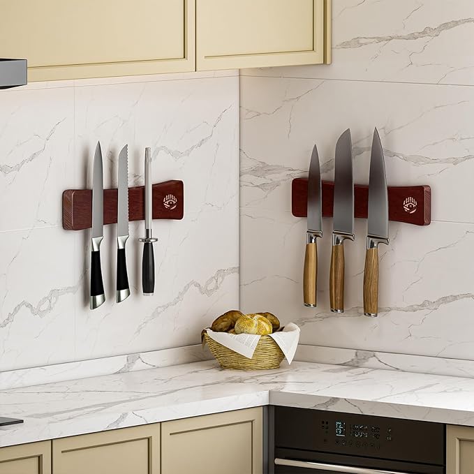 Magnetic Knife Holder for Wall 10 Inch, Premium Oak Wood Magnetic Knife Strip with N52 Strong Magnets, No Drilling Wooden Knife Rack Bar for Kitchen Knives & Tools（Black Walnut Color）