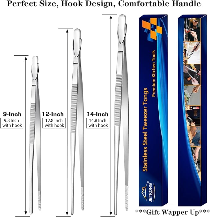 JETKONG Extra Long Kitchen Tweezers Heavy Duty Stainless Steel Cooking Tweezers, Set of 3 (9 12 14 Inch, Silver)