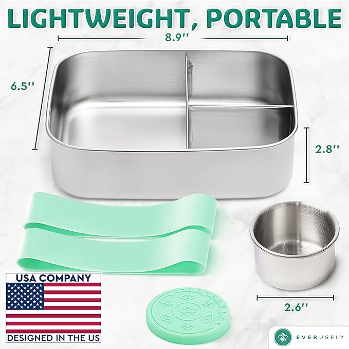 Everusely - Bento Box - Green, 60oz / 1.8 L - Stainless Steel Lunch Box with Leakproof Condiment Container - 3 Compartment Snack Organizer for On the Go Meals - Freezer & Dishwasher Safe
