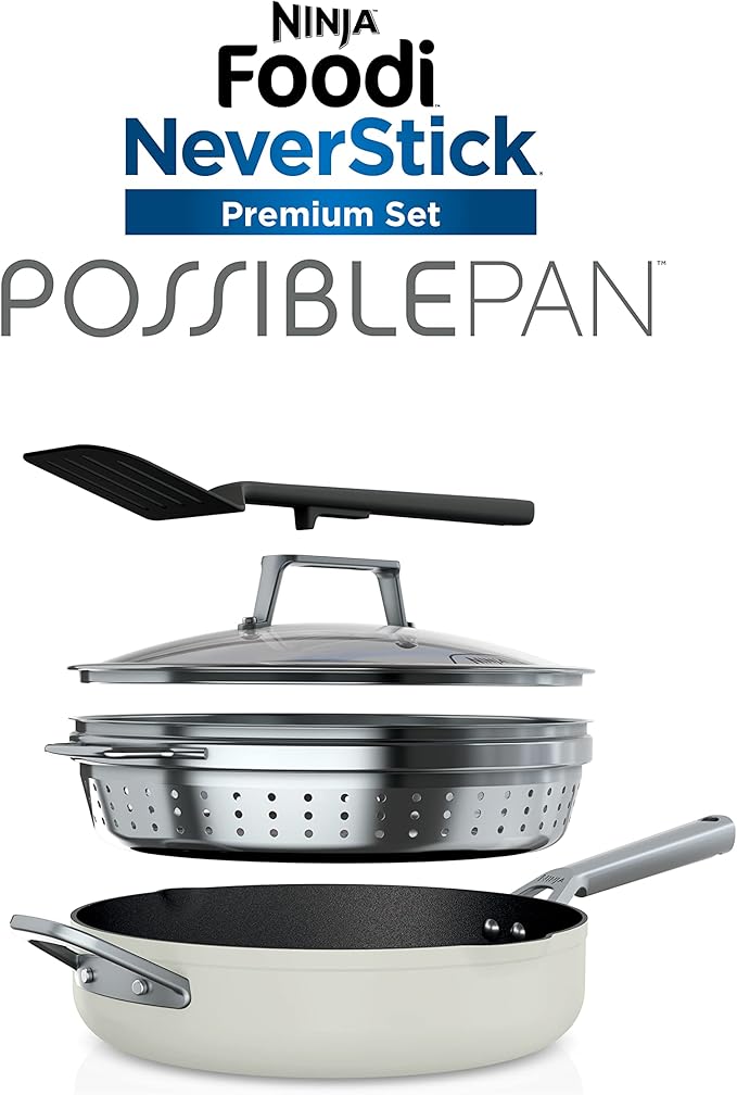 Ninja CW102WH Foodi NeverStick PossiblePan, Premium Set with 4-Quart Capacity Pan, Steamer/Strainer Basket, Glass Lid & Integrated Spatula, Nonstick, Durable & Oven Safe to 500°F, Vanilla Bean