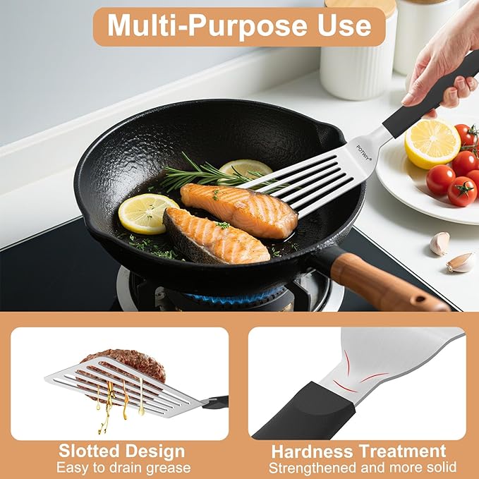 Fish Spatula Stainless Steel, 11.3" Slotted Fish Turner with Silicone Handle, Small Metal Spatula for Cast Iron Skillet, Kitchen Cooking Flipper for Egg, Burger, Pancake