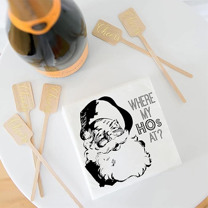 Twisted Wares Funny Christmas Cocktail Napkins – “WHERE MY HOs AT” – 3-Ply Holiday Beverage Napkins for Parties, Décor & Gifting – 5”x5” (20-Pack)