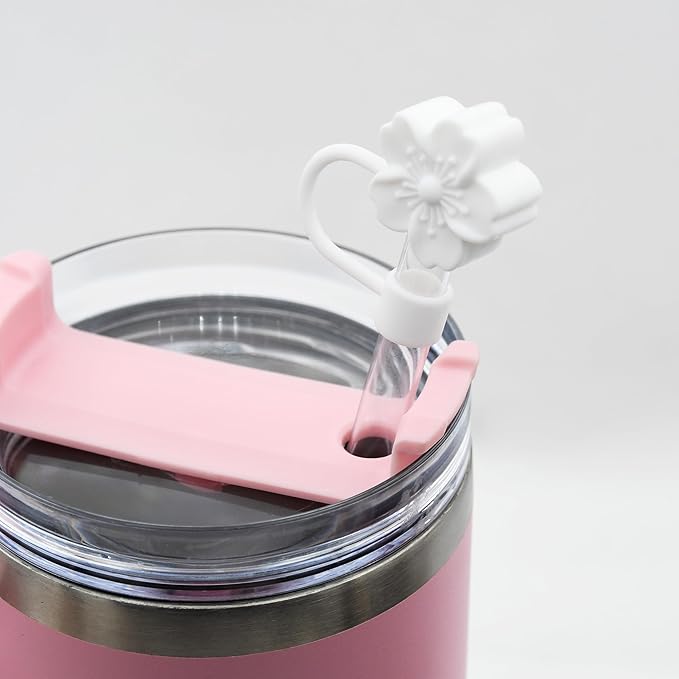 Flower Silicone Straw Cover Cap for Stanley Cup,Straw Topper 10mm 0.4in Dust-Proof Reusable Straw Tips Lids,Straw Tip Covers Gift for Party Decor (White Cherry blossom 4pcs)