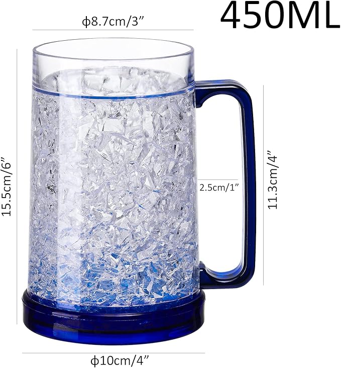 Double Wall Gel Frosty Freezer Ice Mugs Clear Set of 4 (White black red and blue)