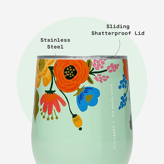 Corkcicle Stemless Insulated Wine Glass Tumbler - Keeps Beverages Cold 6 Hrs Hot 3 Hrs - Stainless Steel - Easy-Grip - Gift for Mom - Great for Mother's Day or Christmas - 12 oz - Mint Lively Floral