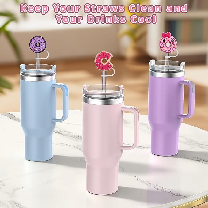 6PCS Straw Covers for Stanley Cup Tumbler 30 oz / 40 oz Leak Proof Straw Toppers 10mm Silicone Cute Caps for Stanley Cup Accessories-Donut