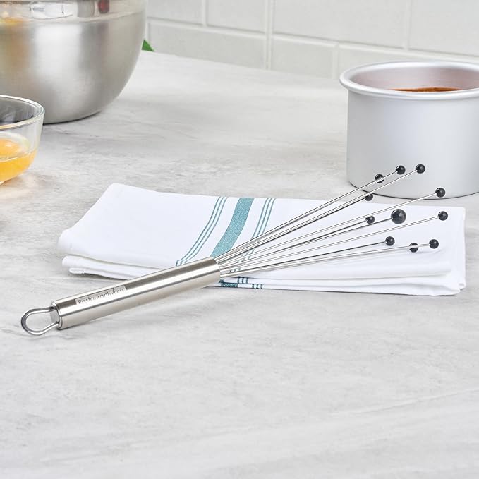 Restaurantware-German Standard 10.6 Inch Ball Whisk, 1 Kitchen Whisk With Silicone Balls - Ergonomic Handle, Dishwashable, Stainless Steel Manual Egg Beater, Durable, For Whisking, Stirring, Mixing