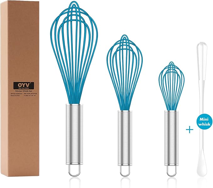 Silicone Whisk,Heat Resistant 480°F Whisks For Cooking Non Scratch,Stainless Steel wired wisk,Plastic Rubber Whisk Tool For Nonstick Cookware Pans,Silicon Wisks Set of 4,Blue