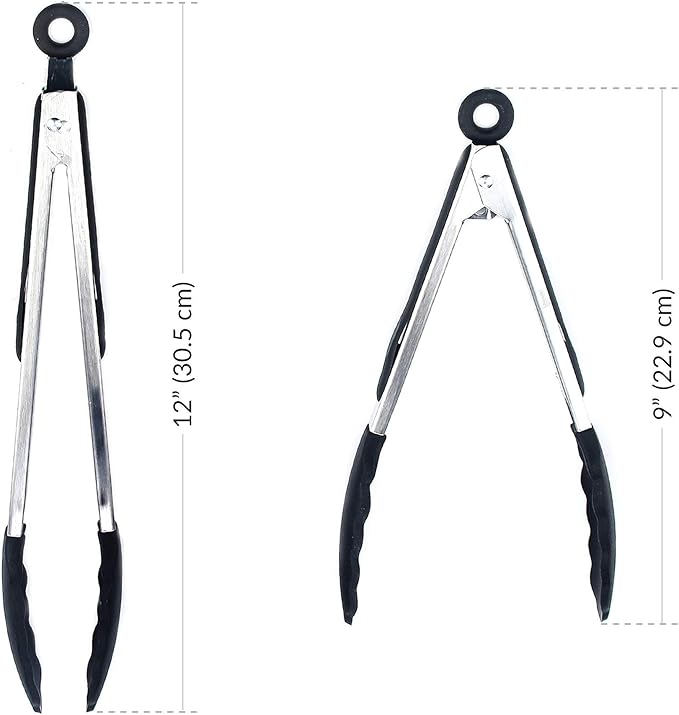 Kitchen Tongs for Cooking with Silicone Tips by Boxiki Kitchen, BPA Free Stainless Steel set of 2 Silicone Tongs for Cooking, Grilling & Toss a Salad, Heat Resistant Grill Tongs for Serving Food.