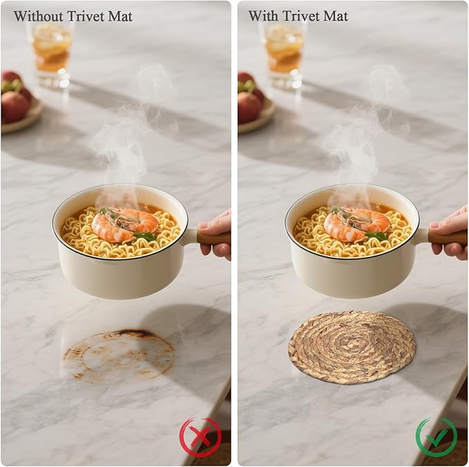 Boho Trivets for Hot Dishes, Pots and Pans, Farmhouse Water Hyacinth Hot Pads 8 Inch, Straw Pot Holders for Kitchen, Rustic Braided Heat Resistant Mat, Jute Coasters Set Wicker Decor (Natural 6 Pcs)