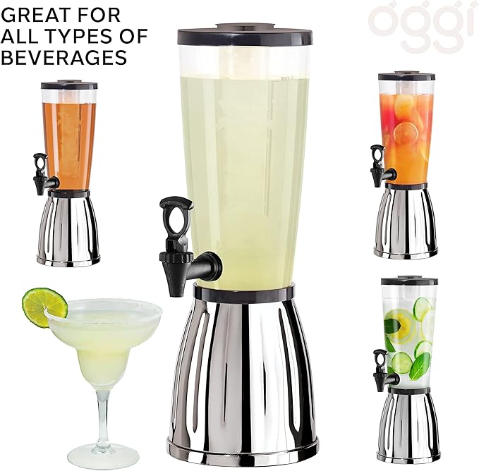 OGGI Beverage Dispenser - 3-quart / 6-Pints, Perfect for Parties, Use as Alcohol, Water, Lemonade Dispenser & More