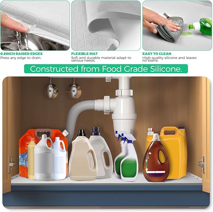 TRZZ Silicone Waterproof Under Sink Mat 28" x 22", Drip Tray and Cabinet Liner for Kitchen and Bathroom, Prevents Water Damage and Organizes Cabinets (Khaki)