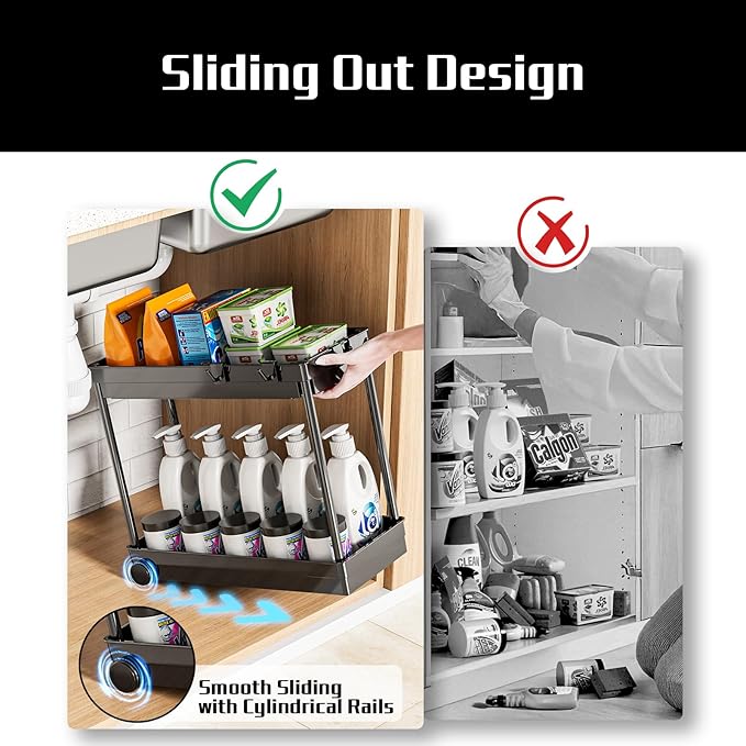 Under Sink Organizer, Under Cabinet Basket Organizer Drawer with Hooks, Bathroom Standing Rack, Multi-purpose Storage Shelf, Black