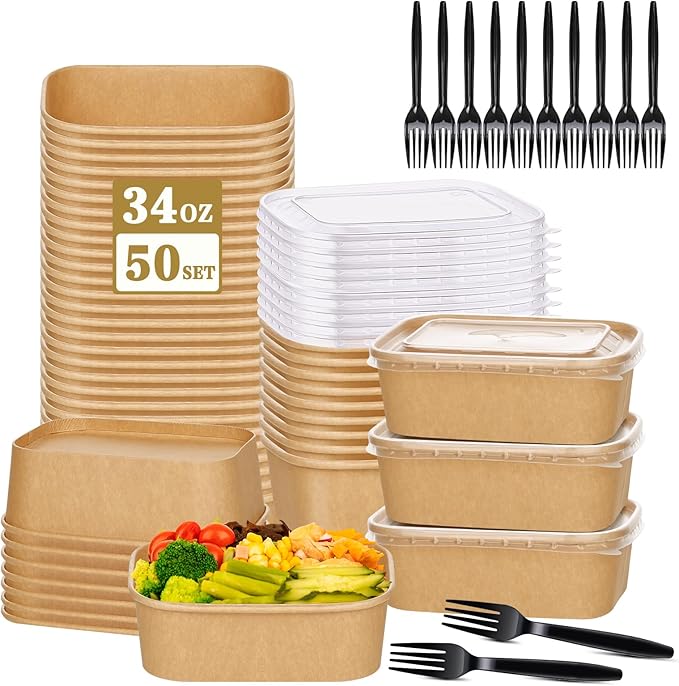 DI QIU REN 50-Pack 34oz Paper Bowls, Disposable Food Containers with Lids and Forks, Rectangular Food Prep Containers, To Go Containers, Salad Bowls Deli Container for Diet Salad, Pasta